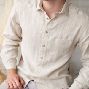 Koszula lniana męska z długim rękawem naturalny kolor lnu