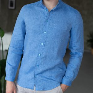 Koszula lniana męska z długim rękawem niebieski melange
