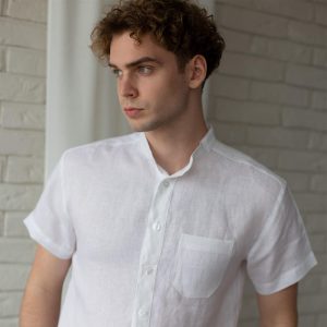 Koszula lniana męska z krótkim rękawem biała ze stójką