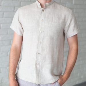 Koszula lniana męska z krótkim rękawem naturalny kolor lnu