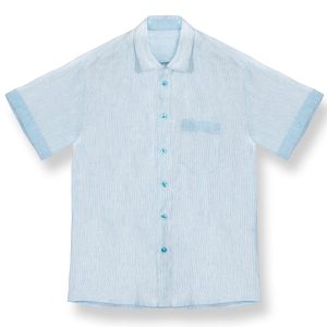Koszula lniana męska z krótkim rękawem w niebieskie prążki