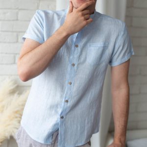 Koszula lniana męska z krótkim rękawem w niebieskie prążki ze stójką
