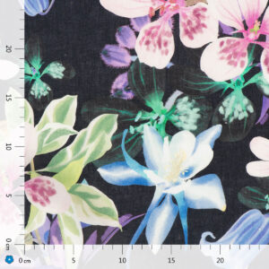 Tkanina lniana Natalia z drukiem cyfrowym - wzór Niebieskie kwiatki ciemne [LO170]