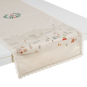 Bieżnik lniano-bawełniany szaro-biały z koronką w Zimowe Miasteczko [40x140]