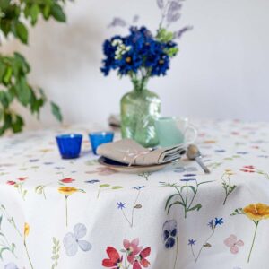 Lniano-bawełniany obrus ivory wzór malowane kwiaty